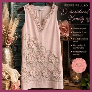 Peppe Peluso Pink Linen Floral Applique Beaded Sleeveless Shift Mini Dress L